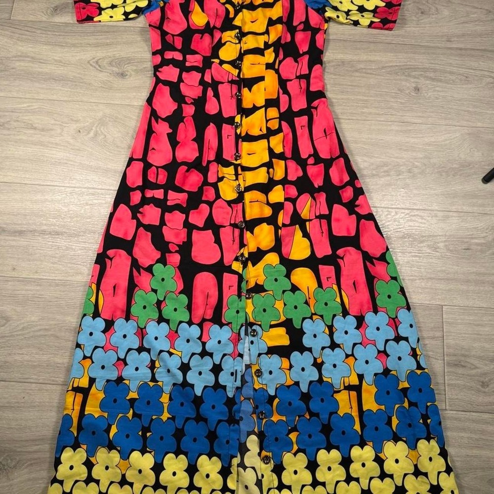Retro Floral Button Front Maxi Dress Colorful Artsy Abstract Summer XS